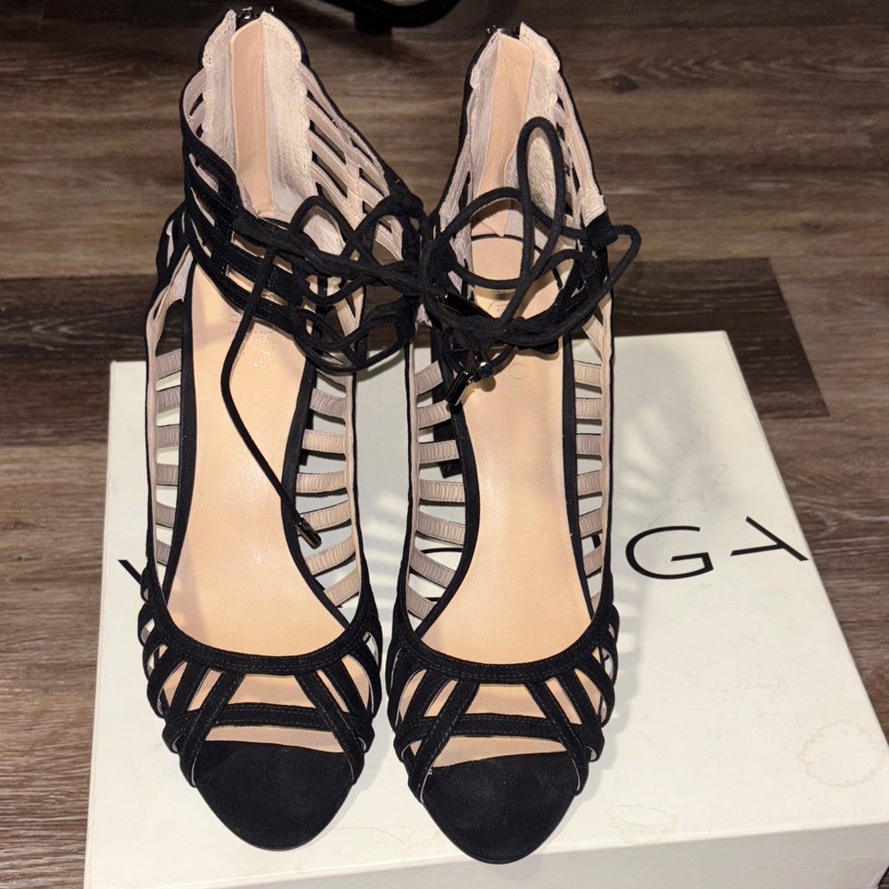 Franco Sarto Black and Tan Strappy Sandals
